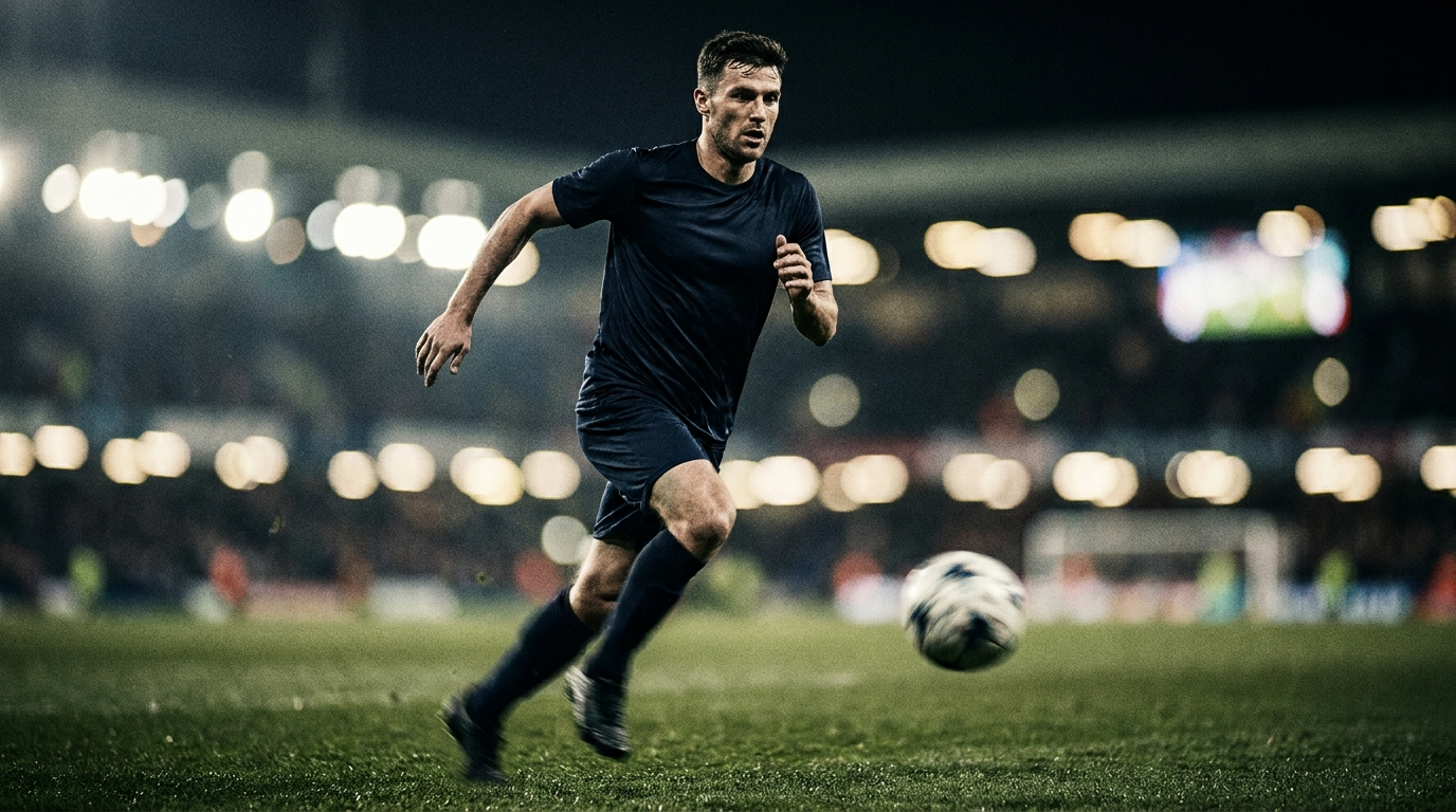 Footballer sprinting at night — sports intelligence and player analytics